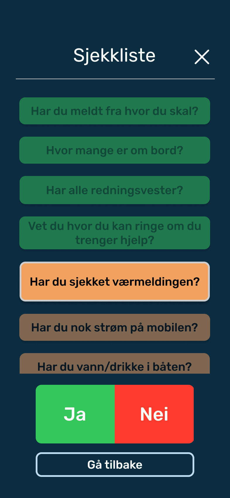 Sjekklisten før avreise i Skydd-appen